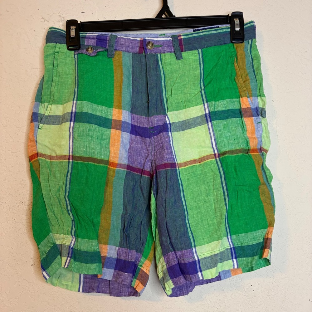 Polo Ralph Lauren Mens 30 Green Plaid 100% Linen Classic Fit Madras Shorts Color